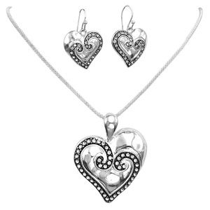 Silver Heart Simple Swirl Pendant Rhinestone Necklace Earrings Set